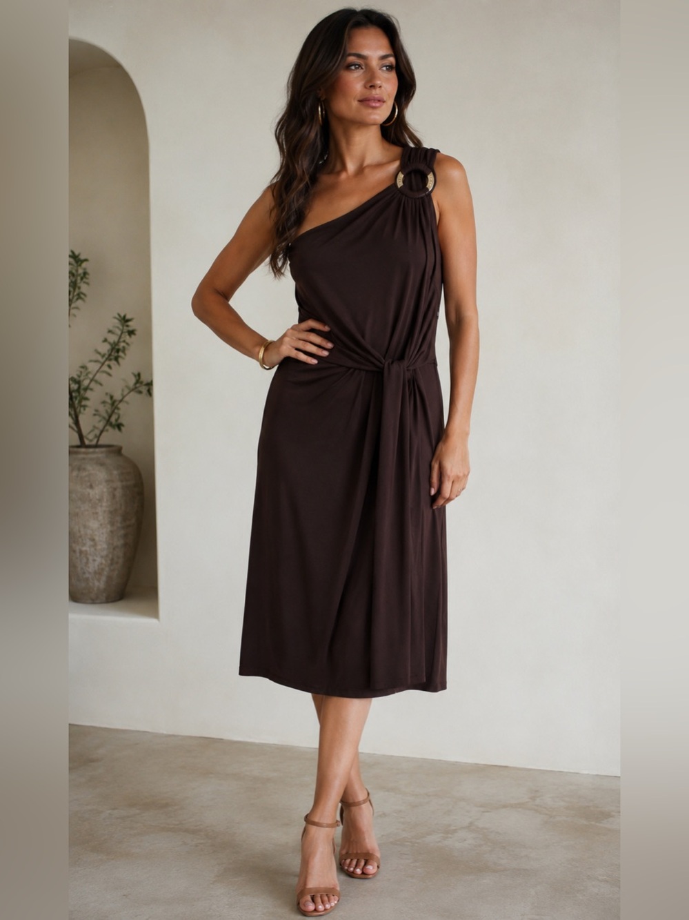 Michael Michael Kors‎ Brown One-Shoulder Cocktail Dress Size 8 Ruched Stretch